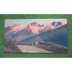 Old Mountain Painting Signed Quénard La Meije Le Rateau Oratory Of Chazelet Without Frame.