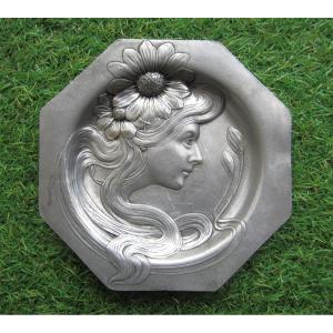 Antique Very Beautiful Art Nouveau Tin Trinket Dish, Woman In The Style Of Mucha Circa 1900.