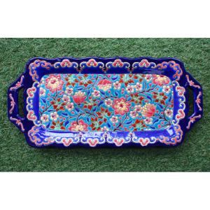 Antique And Very Beautiful Longwy Enamel Cake Plate In Perfect Condition. Length: 39.2 Cm
