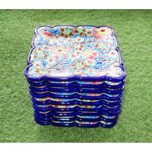 Eight Beautiful Square Dessert Plates In Longwy Enamels In Perfect Condition.