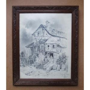 Very Beautiful Pencil Drawing, Signed And Dated 1849, Of A Country House With Many Details.