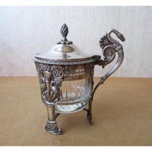 Beautiful Solid Silver Mustard Pot In Empire Style From The Restoration Period, Lid Needs Restoration.