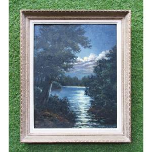 Very Beautiful Old Painting Of Moonlight On The River, Signed 1956. Oil On Cardboard.