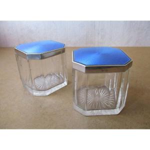 Two Beautiful Art Deco Crystal Boxes With Enamelled Sterling Silver Lids And Vermeil Interiors