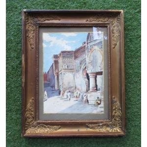 Very Beautiful Orientalist Watercolor Late 19th Early 20th Empire Style Frame Antique Painting Signed