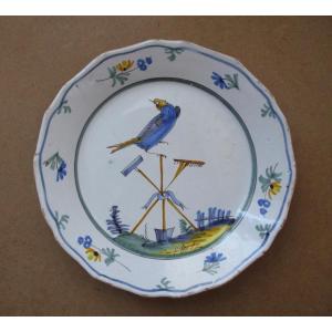 Revolutionary 18th Century Nevers Earthenware Plate With Bird And Tools Restored To The Staples