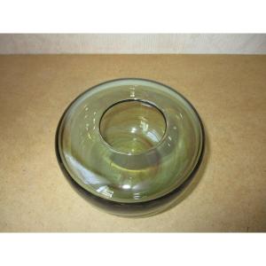 Claude Morin Dieulefit, Vintage 1970 Blown Glass Ball Vase Olive Green With Pink Highlights.