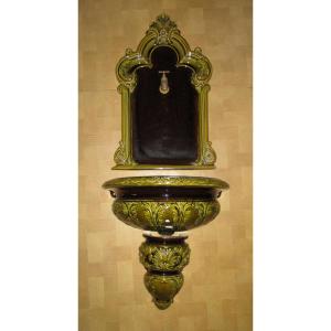 Fountain Or Washbasin Sink And Its Barbotine Basin Probably Sarreguemines To Restore.