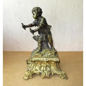 Beautiful 19th-century Bronze Sculpture Of A Boy Child With Birds On A Pedestal. Height: 28 Cm.