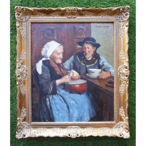 Emile Simon, Superb Painting Signed Oil On Panel Representing A Couple Of Bretons Brittany