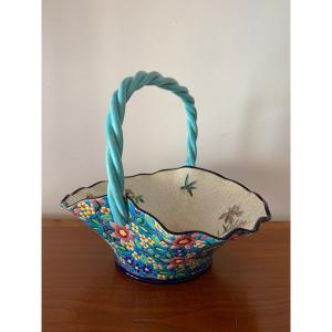 émaux De Longwy - Basket In Circled Enamels On Earthenware Decorated With Flowers
