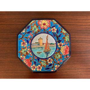 Octagonal Dessert Plate In Longwy Emaux, Port Of La Rochelle