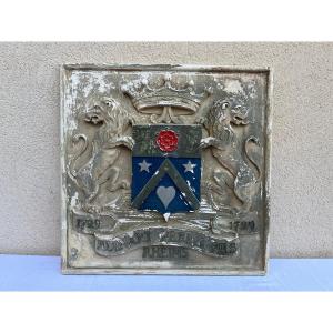 Plaster Plaque Representing The Coat Of Arms Of The Ruinart De Brimont Family