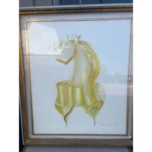 Opera Autentica Painting, Portrait Of Horse In Yellow Ribbons Signed Tempest