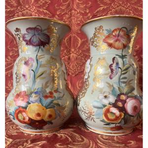 Pair Of Porcelain Baluster Vases With Flower And Gold Decor, Celadon Background