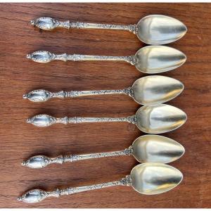 6 Solid Silver Dessert Spoons, Russian Style, Rocaille Style 74g