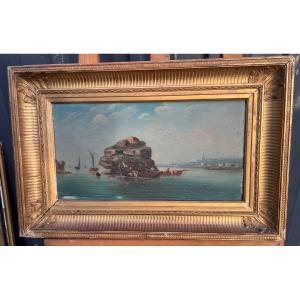 Godchaux. Oil Painting On Wood Fishing Around The Rock