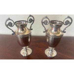 Pair Of Solid Silver Vases, 19th Century, German Work