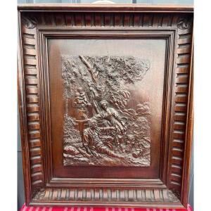 Carved Wooden Painting, Gallant Scene With Two Characters Near A Fountain