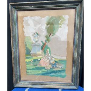 Gouache Painting Of A Loving Conversation In A Park