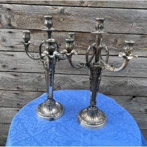 Pair Of Silvered Spelter Four-light Candlesticks