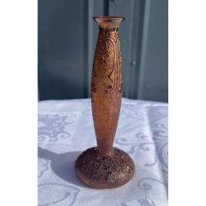 Engraved, Iridescent Glass Vase With Clover Design 