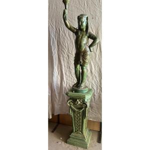 Young Egyptian Man Carrying A Cast Iron Torch On A Pedestal, Antique Green Patina