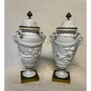 Pair Of Biscuit Porcelain Urns, Bacchanalia After Clodion, Samson Porcelain