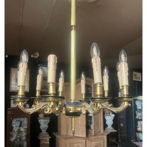 Empire Style 10-light Chandelier In Gilded Bronze And Antique Green Metal, Empire Style