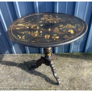 Pedestal Table, Blackened Wood, Chinese-style Decoration