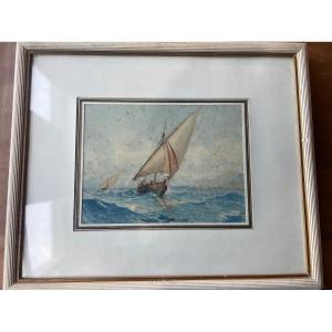 Painting, Watercolor Marine Scene With Two Sailboats, Framed, Under Glass 