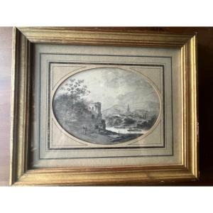 Small Painting Landscape Of Wissant , Framed Wash
