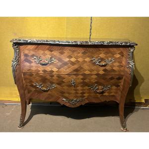 Louis XV Style Chest Of Drawers Inlaid With Two Drawers, Marble Top, XX Century - France