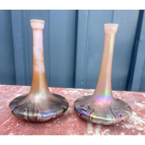 Pair Of Iridescent Glass Vases Attributed To Wilhem Kralik. Art Nouveau Period.