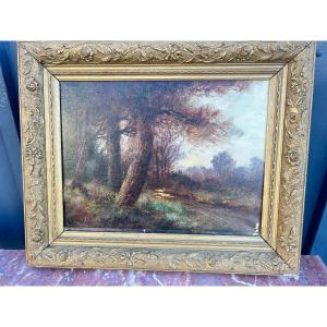 Oil On Canvas: The Path Near A Wood, Landscape Signed L. Lartigau