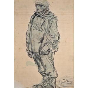 Henry De Groux (1866-1930) - Charcoal Drawing Of An Aviator, 1915 -