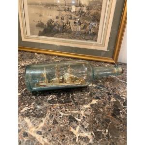  Old Ship In A Bottle – Three-masted Schooner – Marine Ex-voto – 19th Century Folk Art