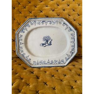 Rouen Earthenware Dish - XVIIIᵉ - Blue Cameo Carnation Décor