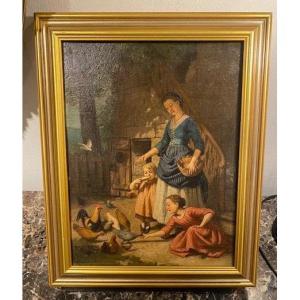 Germain Paget (1817-1884) - Young Mother And Children In A Barnyard Scene