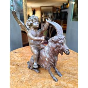 Angelot Surmounting A Goat 19th Century Bronze