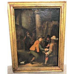 Table Oil On Canvas Tavern Scene XIXth Century Dated 1843