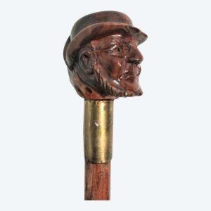 Cane Pommel Carved In Wood Head Of Breton XIXth Century