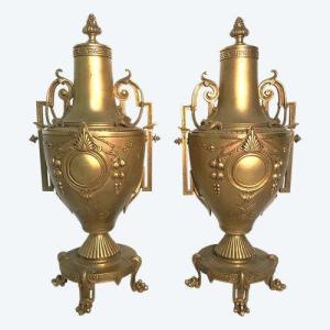Pair Of Cassolettes In Gilt Bronze By Thiebaut Frères