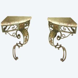 Pair Of Louis XV Style Corner Consoles In Wrought Iron With Marble Top