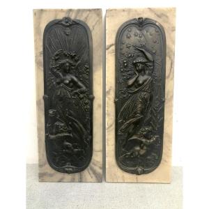 Pair Of Bronze Bas-reliefs, Day And Night By Edward William Wyon
