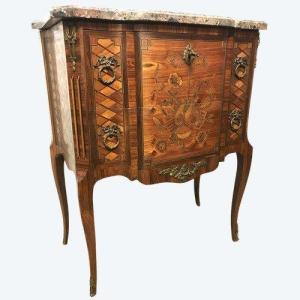 Small Transitional Chest Of Drawers In Marquetry With Musical Attributes