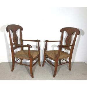 Pair Of Wooden Children's Armchairs With Straw Seats