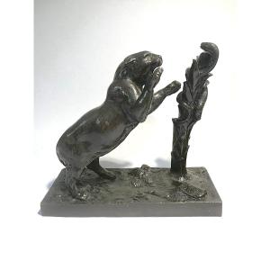 Bronze Sculpture Signed Barye: Tiger Or Lioness And Snake On A Tree