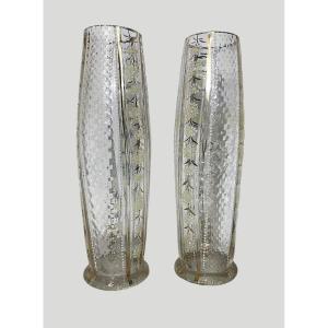Pair Of Enameled Glass Vases