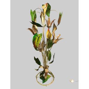 Floral Floor Lamp In Lacquered Sheet Metal And Glass 